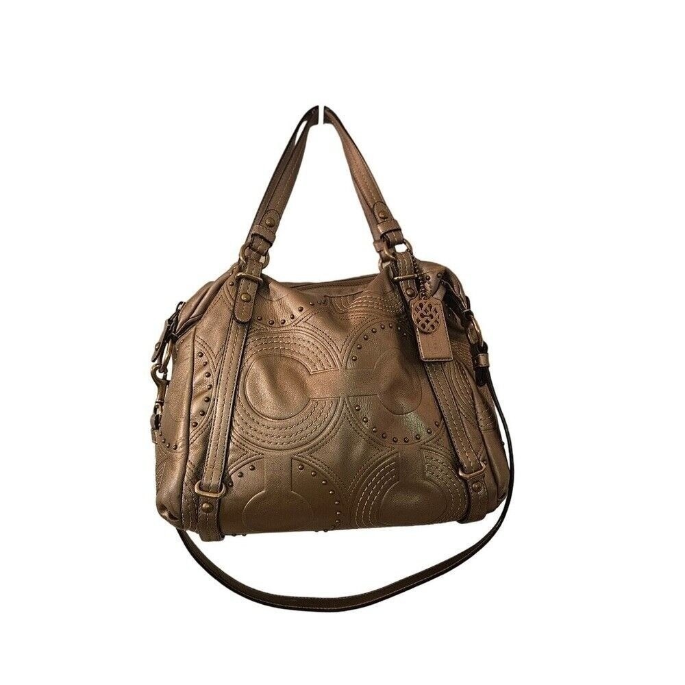 Coach Bronze Metal Embossed Studded Leather Alex Satchel Bag + FREE Bag Charm 🎁 - Picture 3 of 11